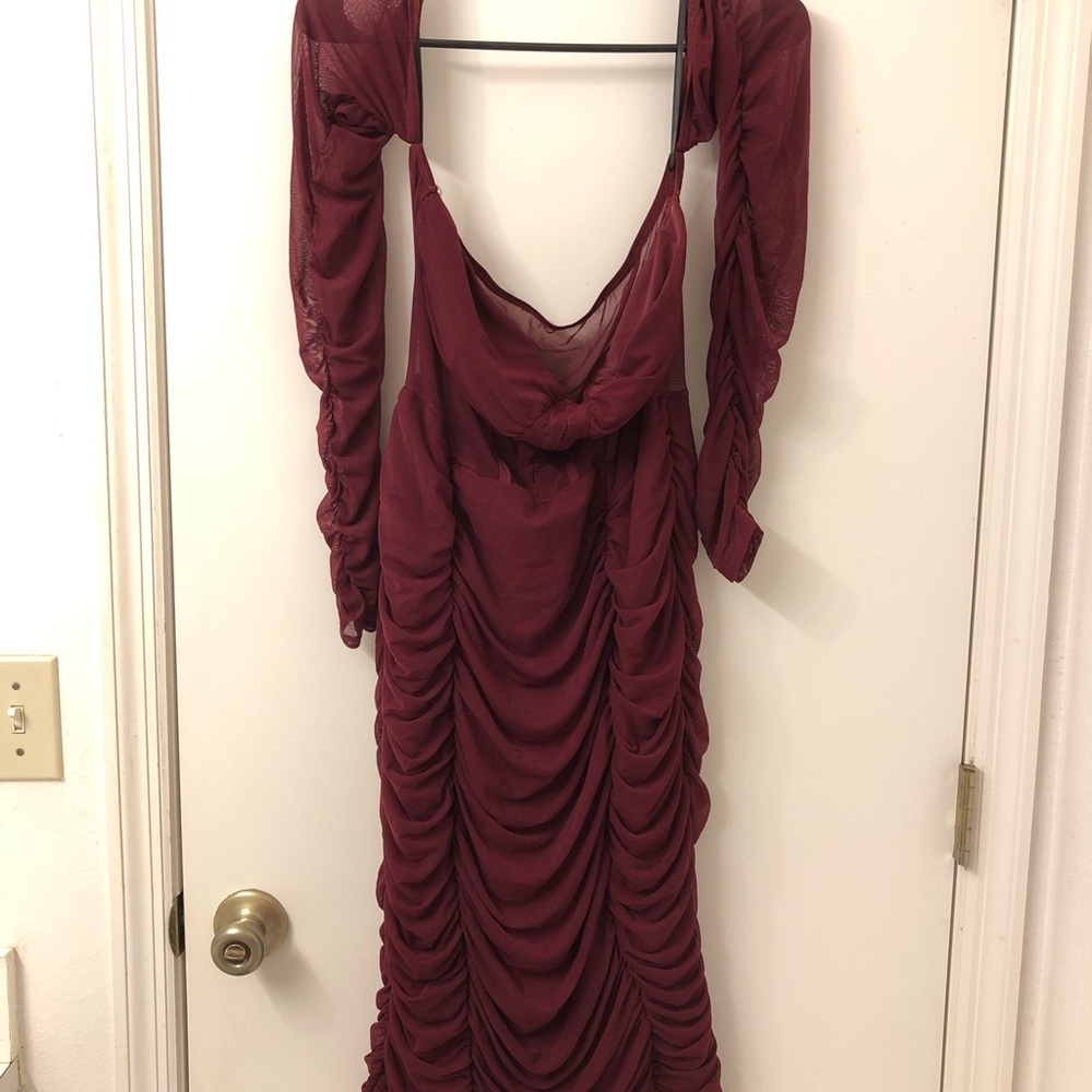 SHEIN Burgundy Long Sleeve Ruched Dress